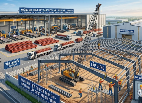 Gia Công Khung Nhà Thép Tiền Chế Trọn Gói 2026 – Thiết Kế, Sản Xuất, Lắp Dựng A–Z