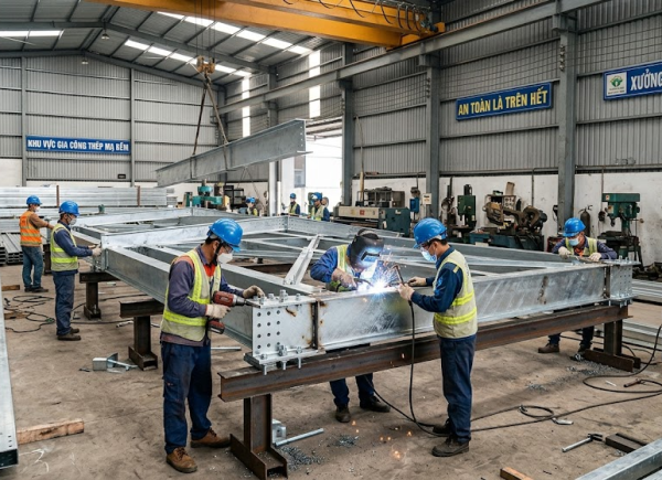 Gia Công Khung Nhà Thép Tiền Chế Bằng Thép Mạ Kẽm 2026 – Ưu Điểm Vượt Trội & Ứng Dụng Thực Tế